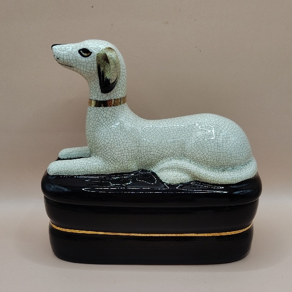 Vintage Takahashi Crackle Hand Painted Porcelain Greyhound Dog Trinket Box
